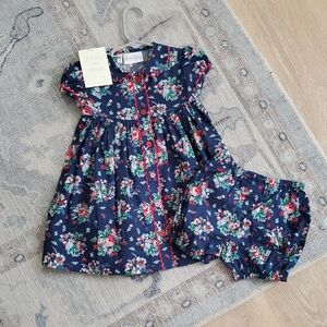 NWT Rachel Riley Floral Button Dress and Bloomers Navy Red Sz12m